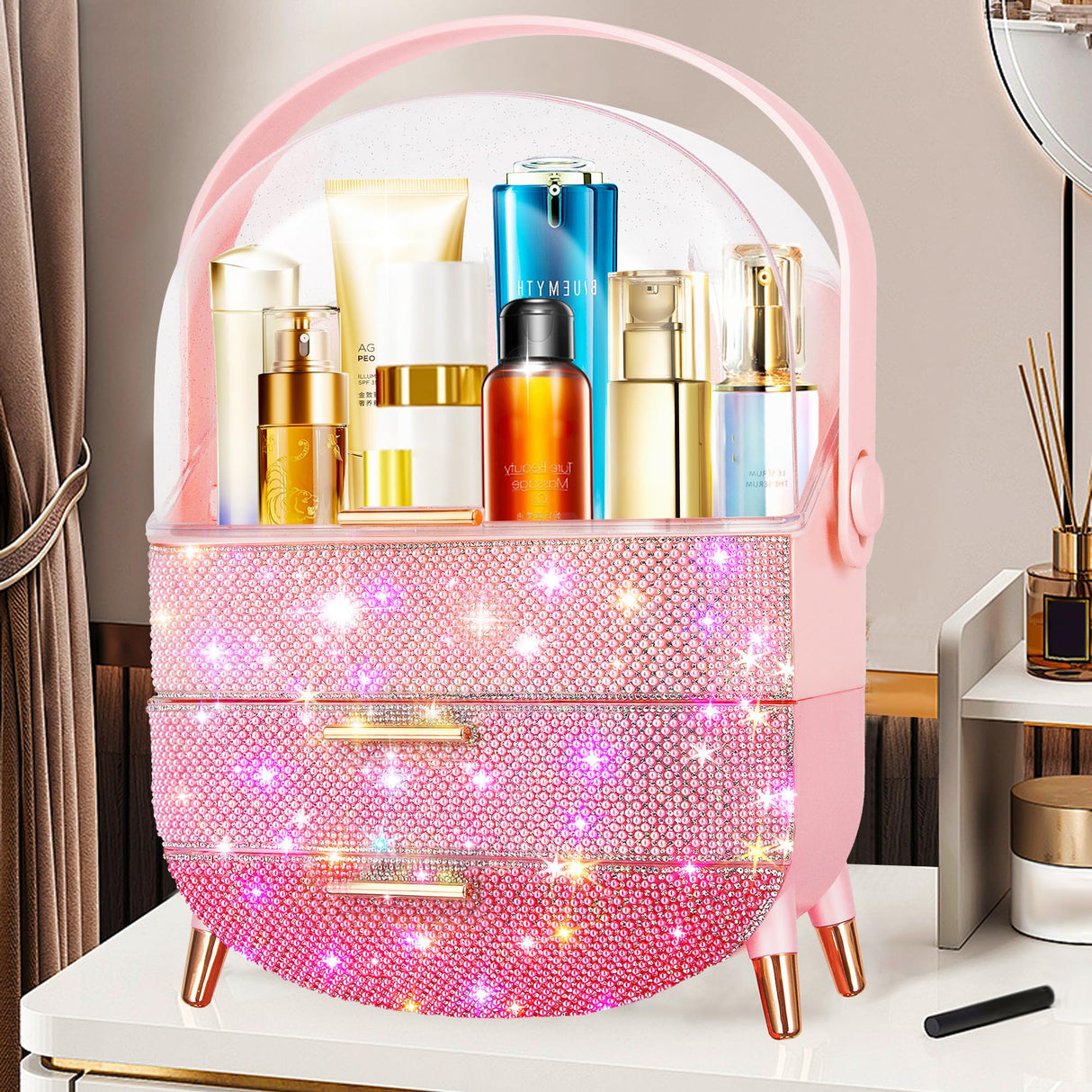 Bling Makeup Organizer for Teen Girl Gift,Hollywood Vanity Makeup Storage Box for Girl Birthday Gift,Practical Gift for Daughter,Bathroom Organizer,Skincare Organizer (Triple Pink)