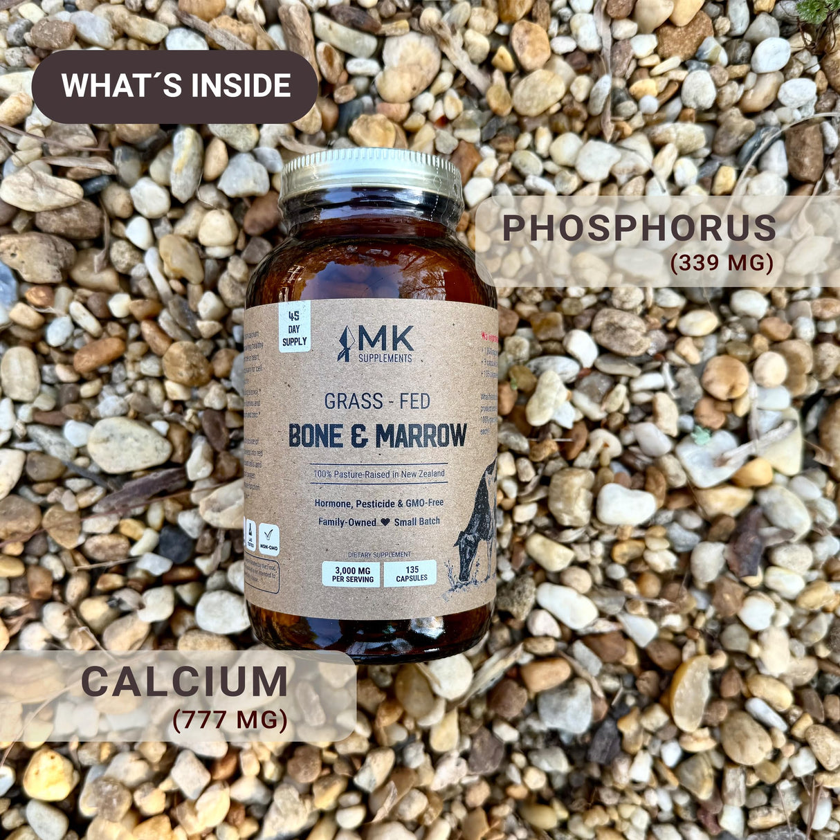 MK Supplements – Grass-Fed Beef Bone & Marrow 3000 mg, Beef Bone Marrow Supplement, 100% Pasture-Raised New Zealand Cattle, 45-Day Supply, Calcium for Teeth and Bones