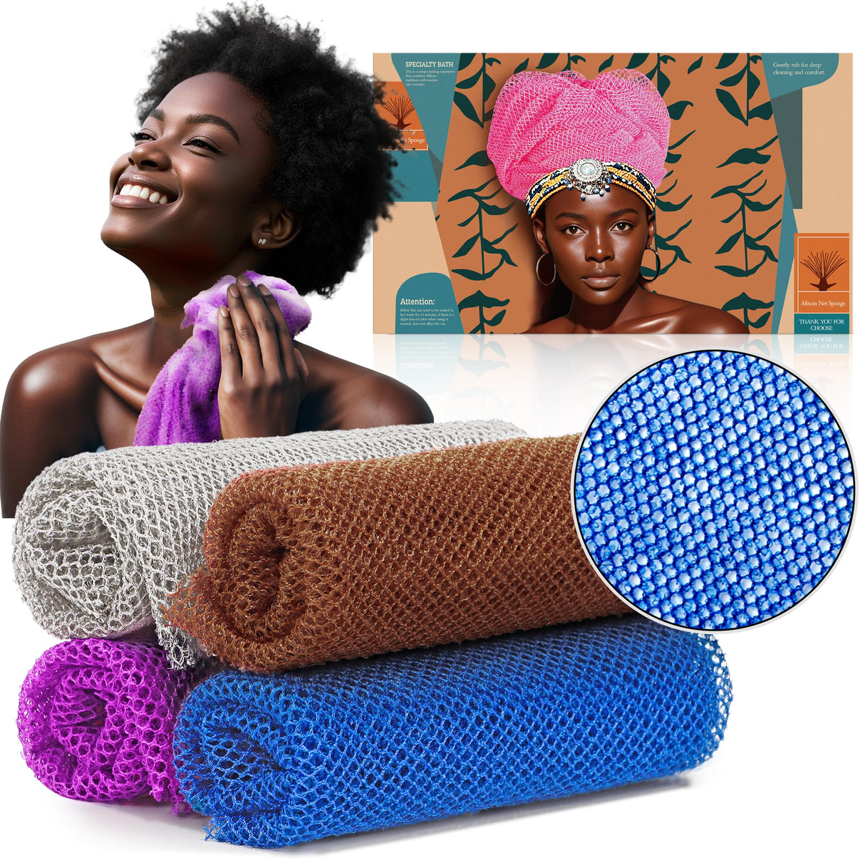 African Net Sponge Exfoliating Body Scrubber - 4 Pieces Long Bath Sponge for Shower, Back Cleanser Smoother, Natural Exfoliation, Gentle for Sensitive Skin, Daily Use(Brown, Blue, Purple,Grey)