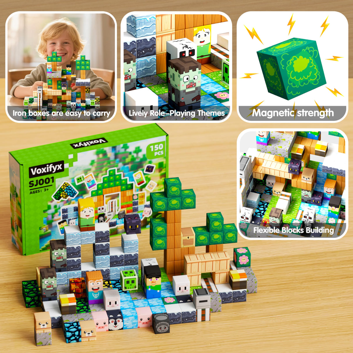 Voxifyx 150PCS Magnetic Building Blocks Set Toys, Kids Classroom Magnet Blocks Sensory Toy for Toddlers STEM Learning, Construction Stacking Toy for Kids Boys and Girls Christmas Birthday Gifts
