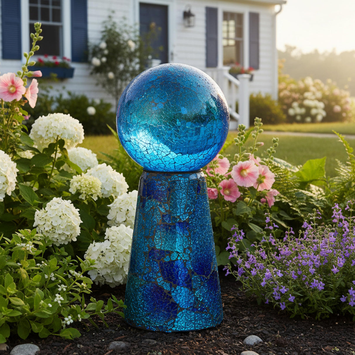 Sunnydaze Glass Gazing Ball Stand for Gazing Globes - Outdoor Mosaic Sphere Holder & Pedestal for Backyard or Patio Decoration - Deep Ocean Swirl