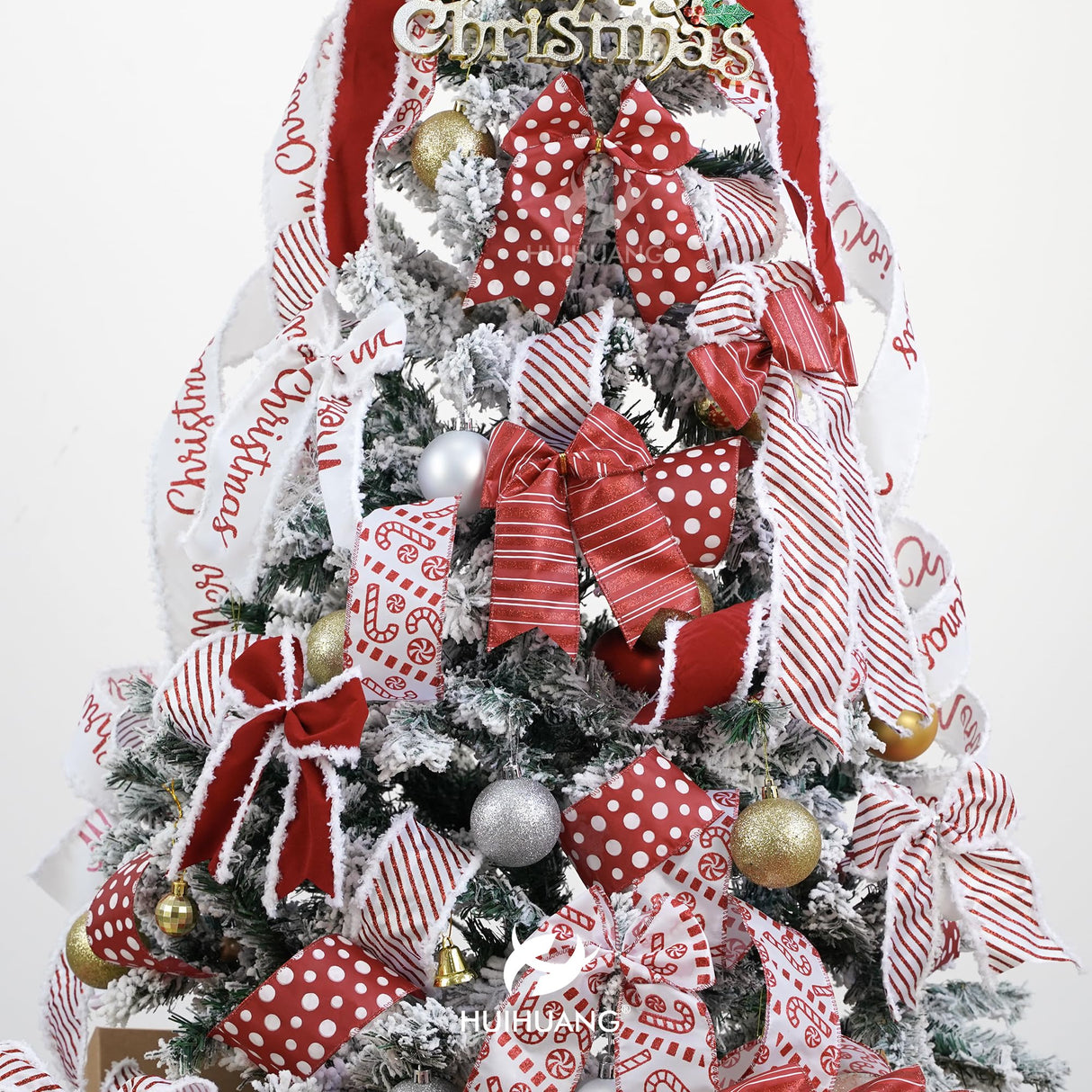 HUIHUANG Christmas Wired Red Christmas Tree Ribbon - 6 Rolls Red and White Candy Cane Ribbon for Tree, Gift Wrapping, Wreath, Garland, Home Decor (2.5" Width, 36 Yards Total)