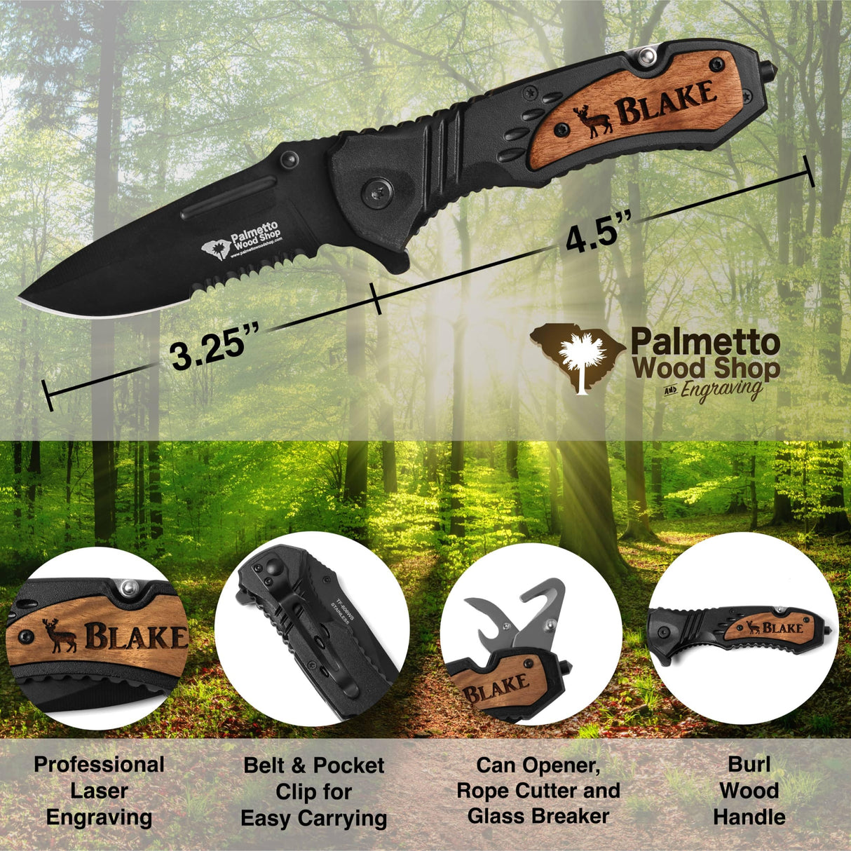 Palmetto Wood Shop Custom Engraved Pocket Knife for Men, Camping & Hunting