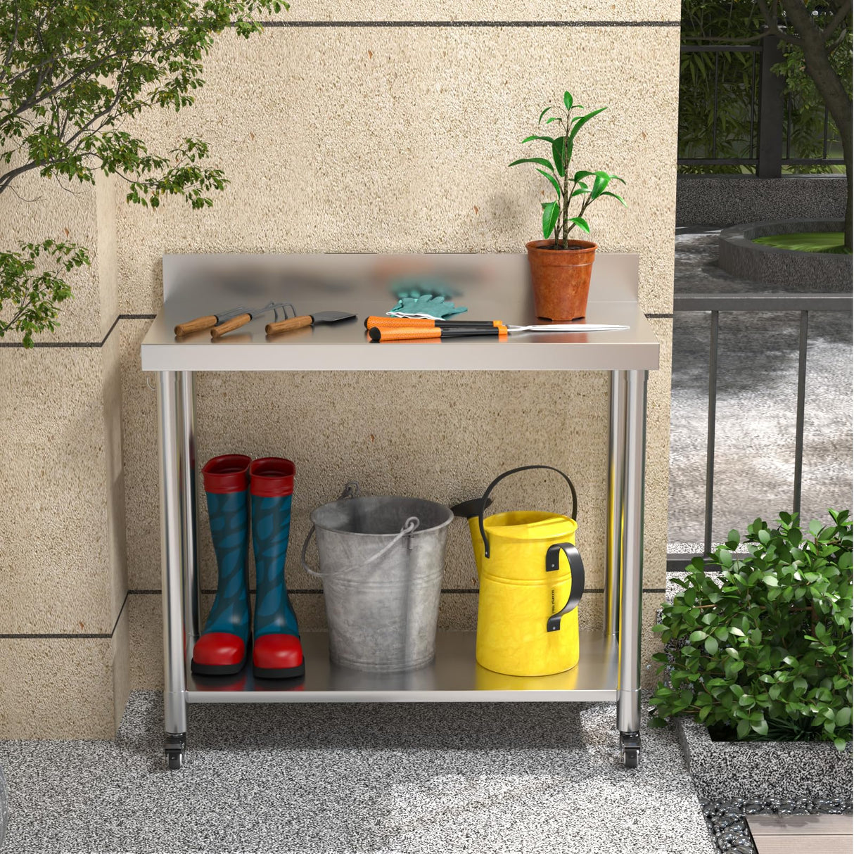 JFHID 48"x18" Stainless Steel Table with Wheels, Backsplash and Knife Blocks, Prep Tables for Commercial Kitchen Steel Countertop Work Table Workbench for Home Restaurant Garage