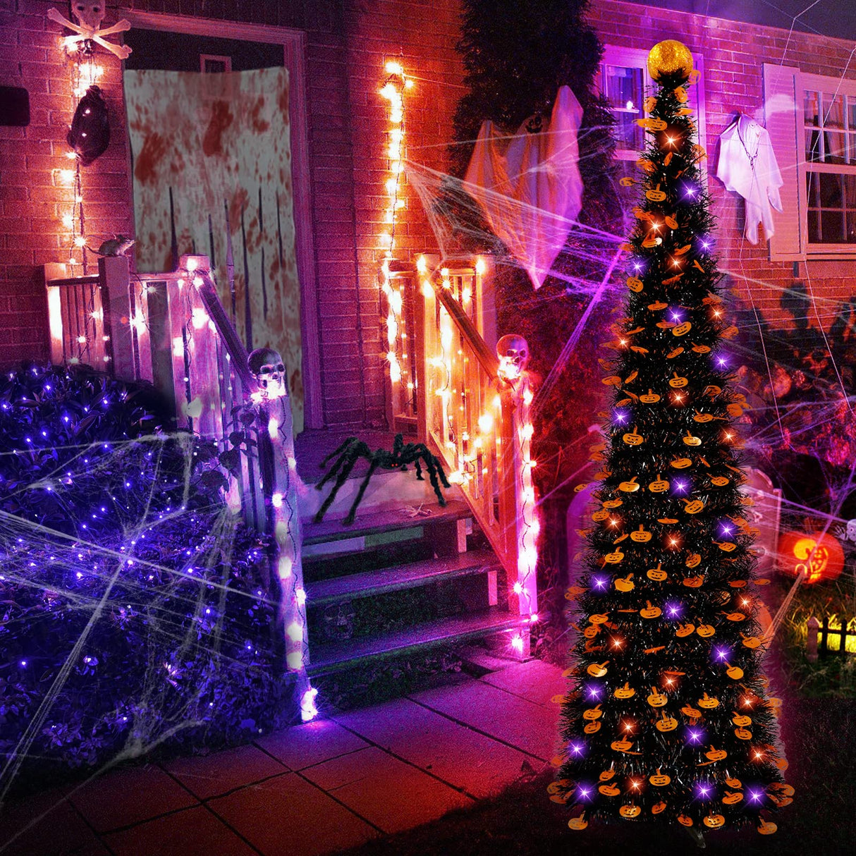 Timer - 6 Ft 60 LED Tinsel Halloween Tree Decor with Orange & Purple Lights 8 Modes Black Christmas Tree Pumpkin Battery Operated Pop Up Artificial Tree Indoor Outdoor Decorations