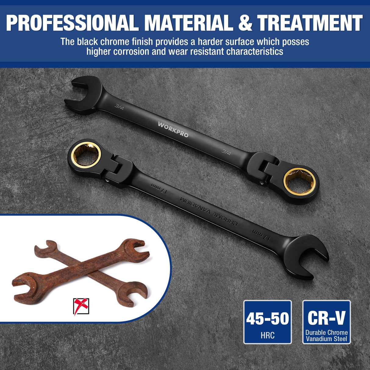 WORKPRO 22-piece Ratcheting Wrench Set with 180° Flex Head, Anti-Slip Tooth, Combination Wrench Sets with Organizer Box, Metric 6-18mm & SAE 1/4-3/4", Black Electrophoretic Coating
