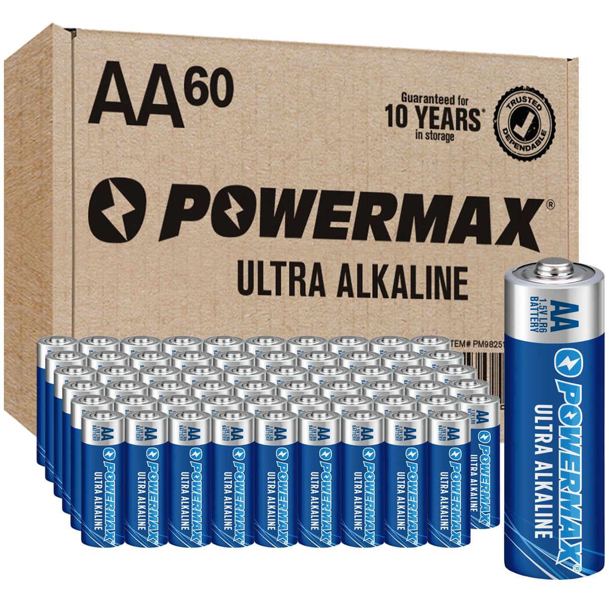Powermax 60-Count Double AA Batteries, Ultra Long Lasting Alkaline Battery for Home and Office, 10-Year Shelf Life, Reclosable Packaging