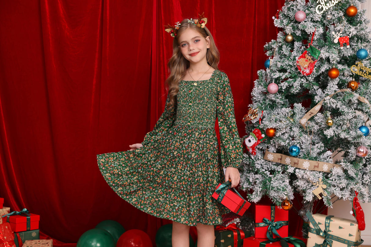Girls Green Dress Fall Long Sleeve Floral Square Neck Button Smock Front Ruffle Tiered Christmas Dresses Fashion Outfit