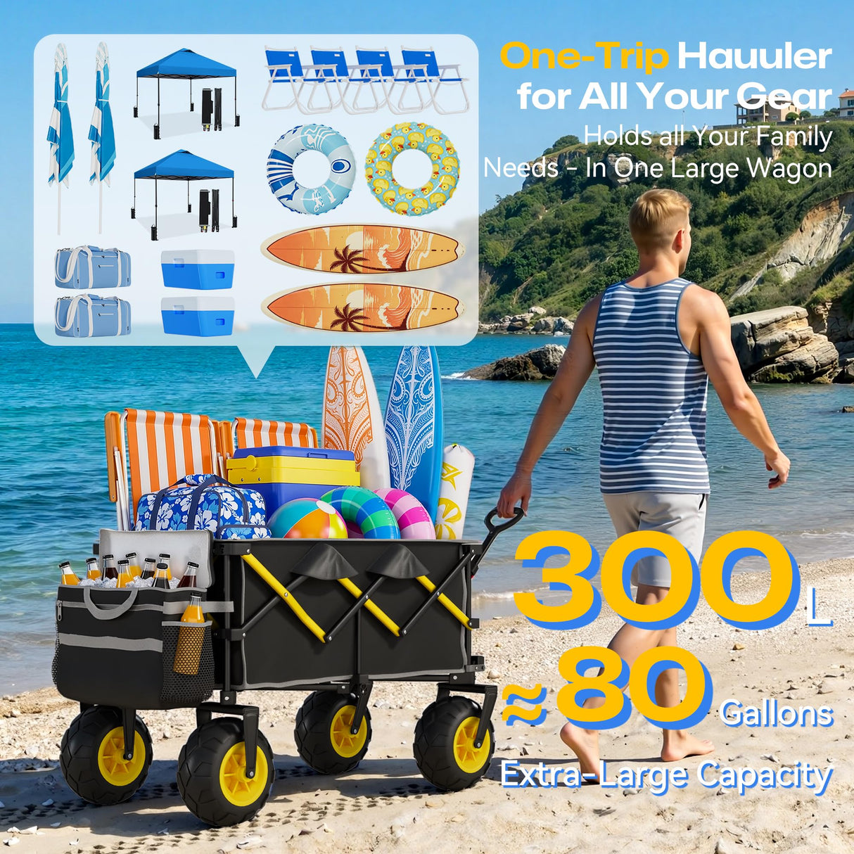 VELUVIA Beach Wagon with Big Balloon Wheels for Sand, 450LB Heavy Duty