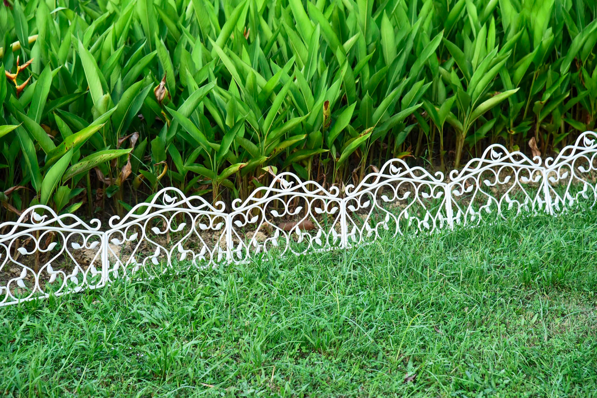 Evelyne Decorative Garden Border Plastic Edging – PP Plastic, Short Metal-Free Faux Wrought Iron Leaf & Bird Design, 8pcs Yard Landscaping Fence Liner Lawn Edge Barrier, 10ft Kit of Decorative Panels