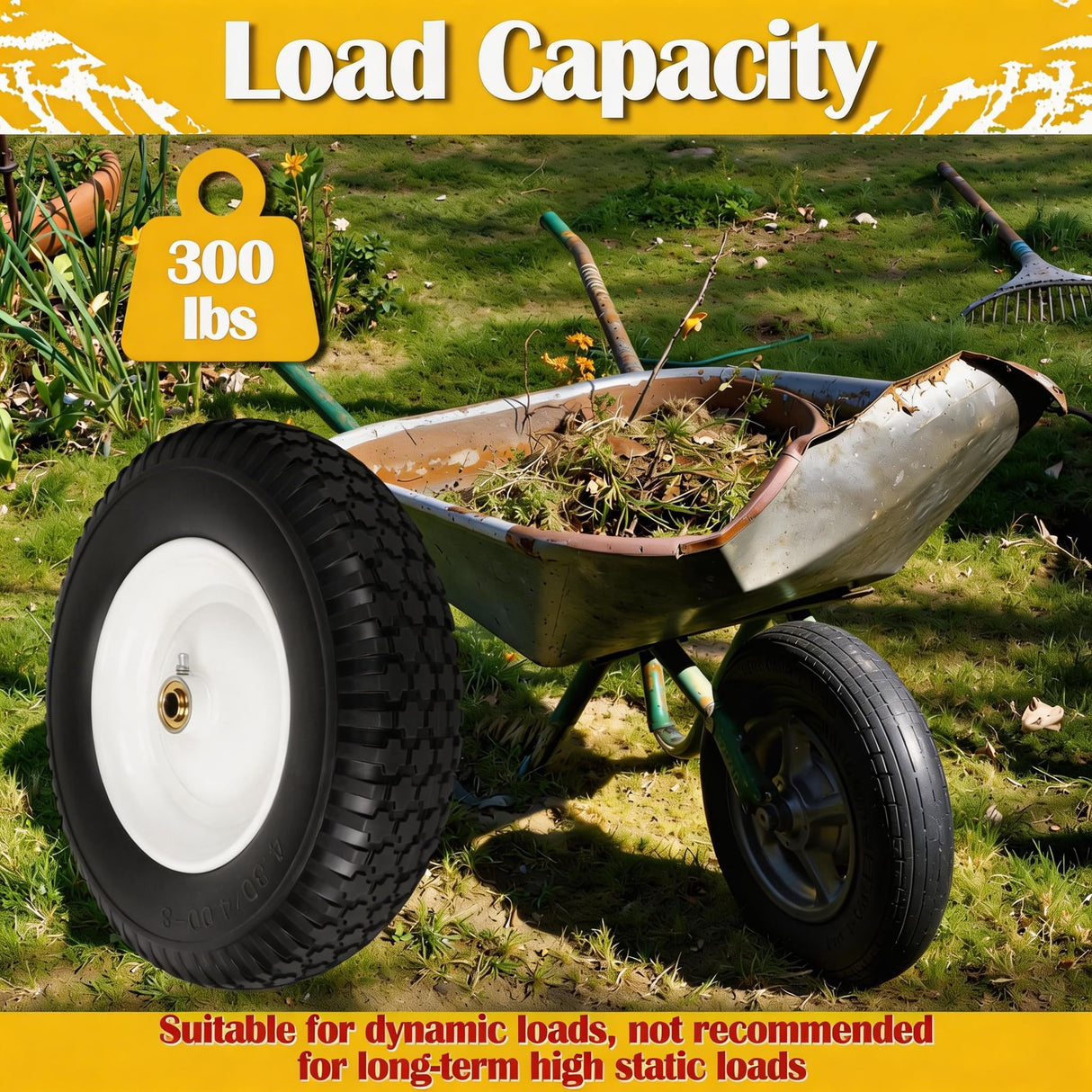 4.80/4.00-8 Wheelbarrow Tire Flat Free, 16'' Tire and Wheel 330LB Load Capacity, with 5/8" & 3/4" Bearings, 3''-4''-6''-7'' Adjustable Hub for Garden Cart, Hand Truck, Trolley, Wagon, 2 Pack