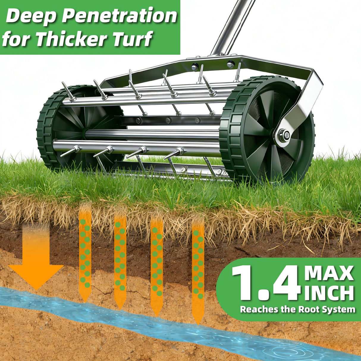 FUCIHOMA Rolling Lawn Aerator Tool, 57 Inch Back-Saving Handle, Heavy Duty Galvanized Steel Spike Aerator for Grass Roots, 1.4" D Manual Push Loosener