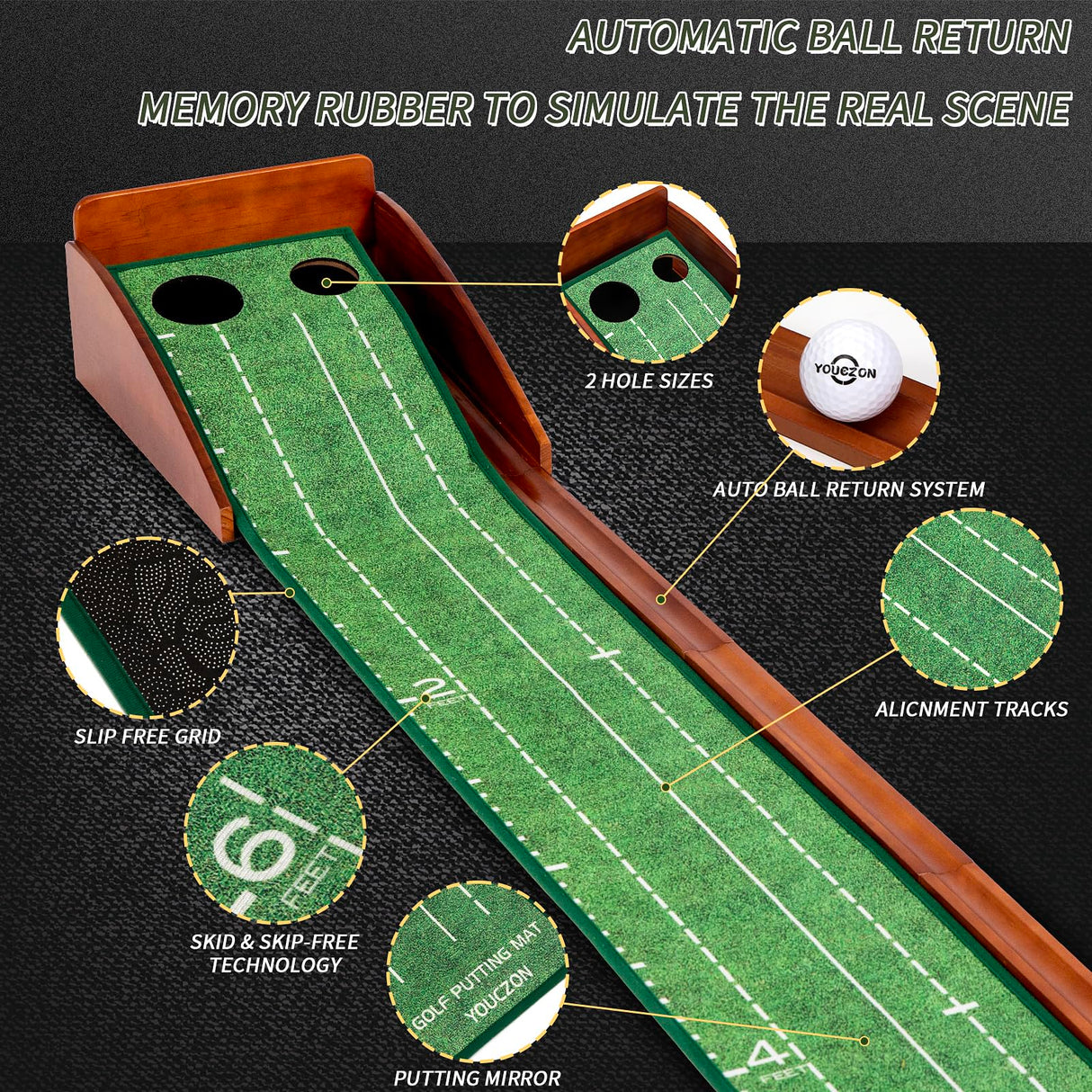 YOUCZON Putting Green Indoor/Outdoor Golf Putting Mat with Auto Ball Return – Premium Crystal Velvet Surface, Durable Practice Putting Green, Perfect Training Aid & Gift for Golf Lovers Christmas
