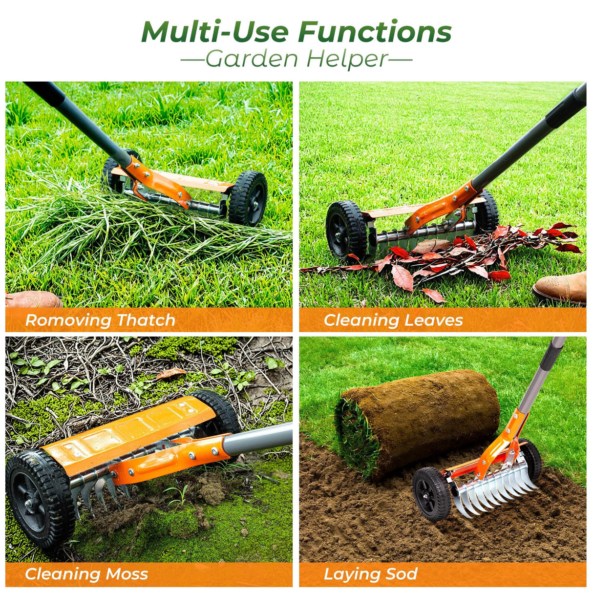 Walensee Manual Lawn Dethatcher Rake with Wheels, Adjustable Handle