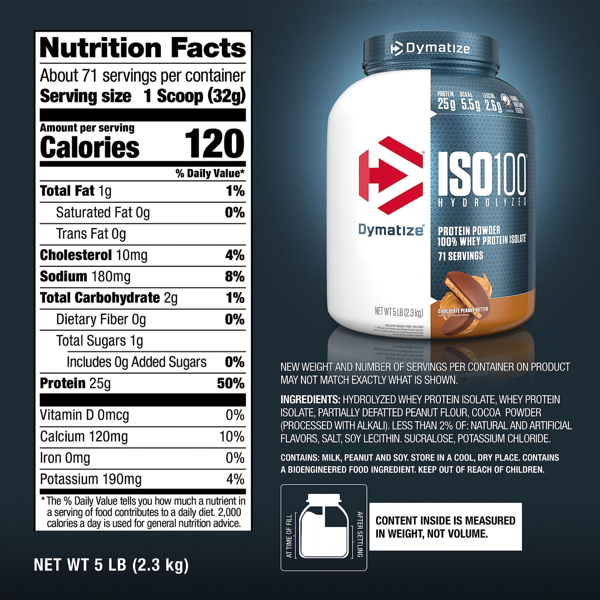Dymatize ISO100 Whey Protein Powder Isolate, Chocolate Peanut Butter, 25g of Protein, 5 Pound, 5.5g BCAAs, Less Than 120 Cal., Gluten Free, 1g Fat, 1g Sugar, 2g Carb (71 Servings)