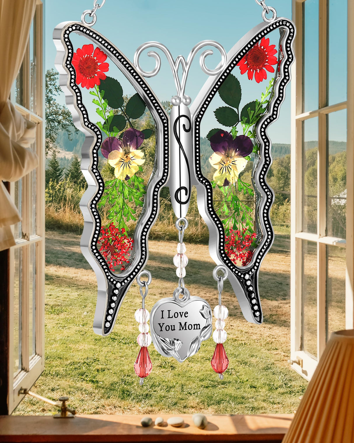 KY&BOSAM Butterfly Suncatcher Pressed Flower Stained Glass Window Hanging