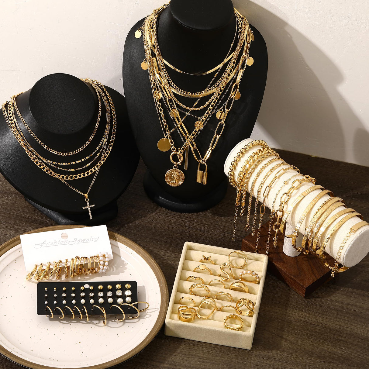 FAXHION 68 Pcs Gold Jewelry Set for Women with 7 Necklace, 17 Bracelet, 5 Hoop Earrings, 15 Stud Earrings, 24 Knuckle Rings for Women Jewelry Set for Women Gift
