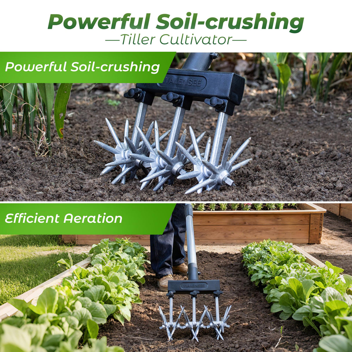 Walensee Rotary Cultivator, Adjustable Hand Tiller for Soil Clod Breaking