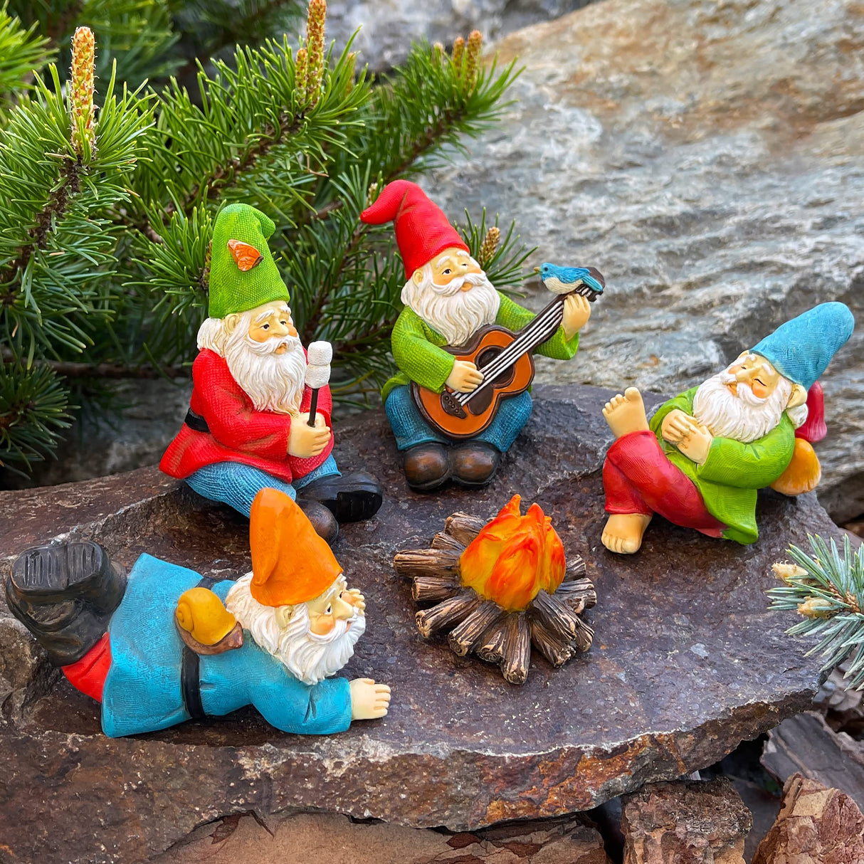 Mood Lab Garden Gnome Figurines - Camping Gnomes Set (5 pcs) - 2.6" H Miniature Decorative Statues & Accessories - Outdoor & Indoor Garden Decor