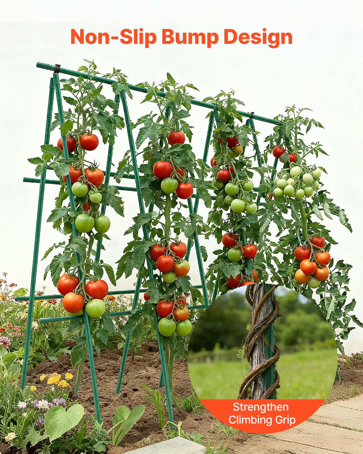 VEVOR Garden Stakes, 50 Pack, 46.06 inch, Plastic Coated Metal Tomato Stakes, Garden Sticks for Plants Support, with Pointed End and Non-Slip Bumps for Growing Climbing Plants, Outdoor Vegetables