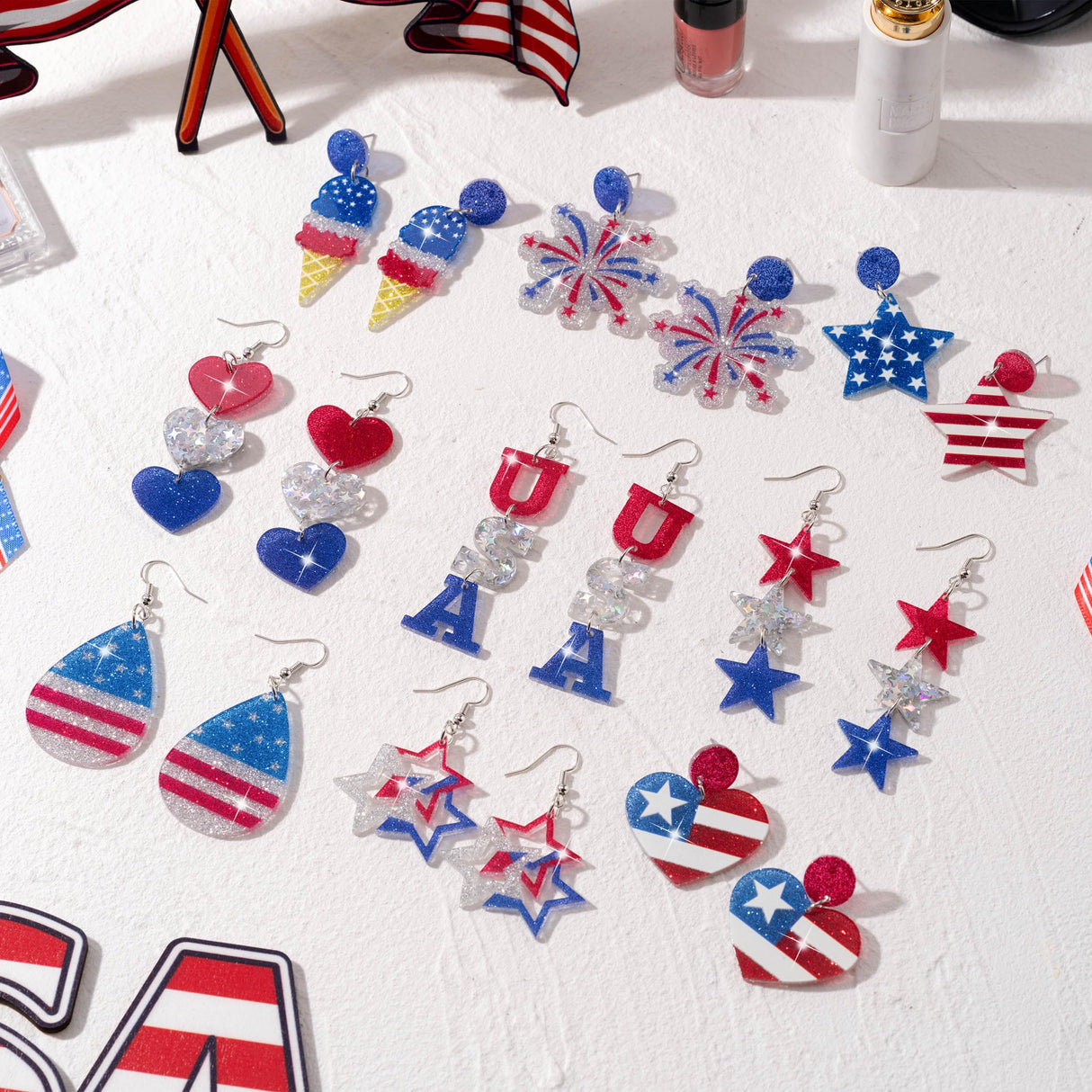 Y1tvei Independence Day Glitter Earrings for Women- 9 Pairs 4th of July American Flag Earrings Star Red Blue Dangle Drop Acrylic Accessories USA Flag Jewelry Gifts for Patriotic Memorial Veterans Day