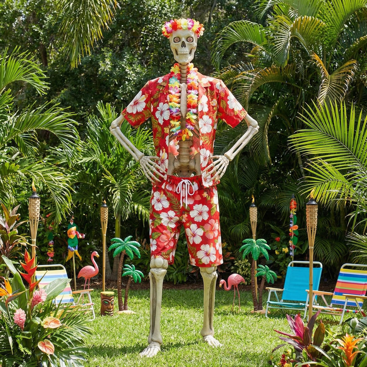 4 Pcs 12 Ft Skeleton Hawaiian Outfit Set Tropical Shirt Shorts Lei Headband