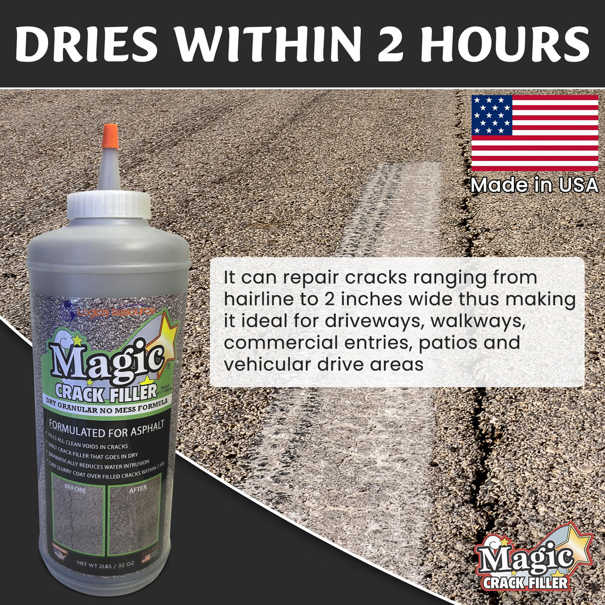 Tharos Distribution Magic Crack Filler 2.5LB Asphalt Black, for Filling in Cracks on Asphalt Driveways and Roads. Installs Easily Dry Granular No Mess and DIY (Black, 1)
