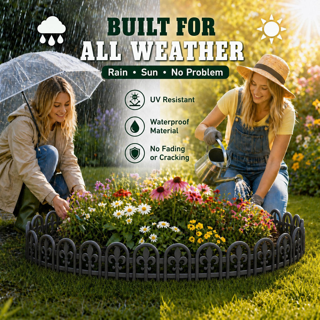 Evelyne Black Garden Border Plastic Edging – PP Plastic, Metal-Free Wrought Iron Look Design, 15pcs Black Yard Landscaping Fence Liner Lawn Edge Barrier, 20ft Kit of Decorative Lawn Landscape Panels