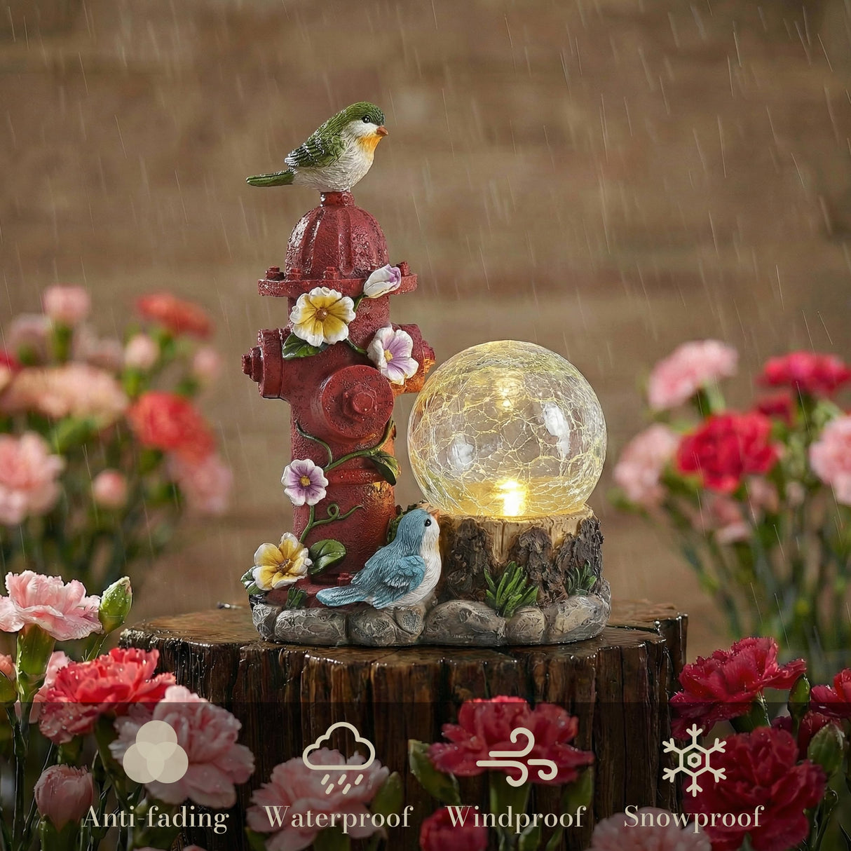 TERESA'S COLLECTIONS Garden Decor, Cute Birds and Hydrant Garden Statue with Solar Light Glass Ball, Waterproof Resin Outdoor Statue, Cute Bird Decor, Garden Gift for Women Mom, Indoor/Outdoor