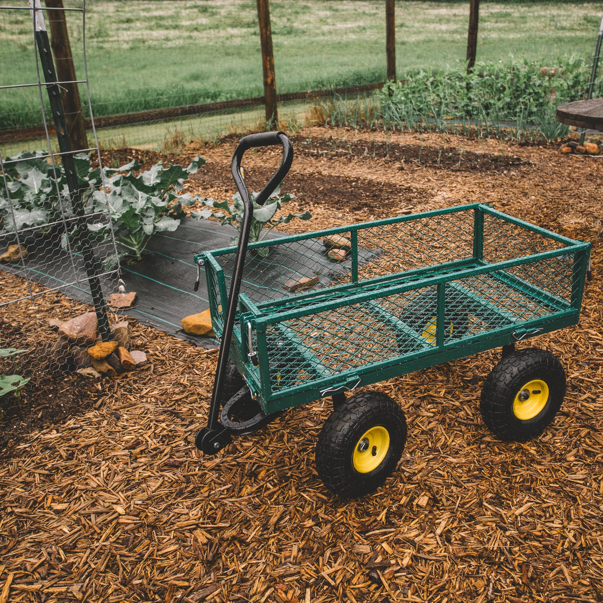 Backyard Expressions Heavy Duty Garden Cart 400 lb Utility Wagon Cart with Removable Mesh Sides, Powder-Coated Steel Bed, Pneumatic Tires, Pull Handle Yard Cart