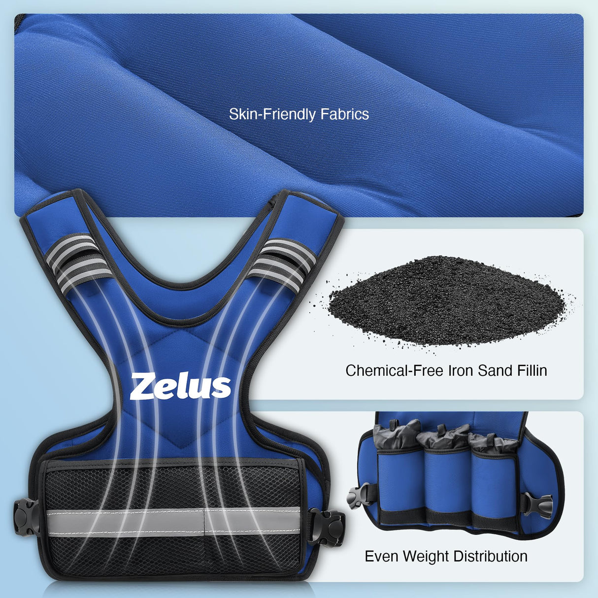ZELUS Weighted Vest for Men and Women, Adjustable Body Weight Vest Exercise Set for Workouts, 4-10lb/11-20lb/20-32lb with 6 Ironsand Weights for Cardio Strength Training Walking Jogging, 4-10lb. Blue