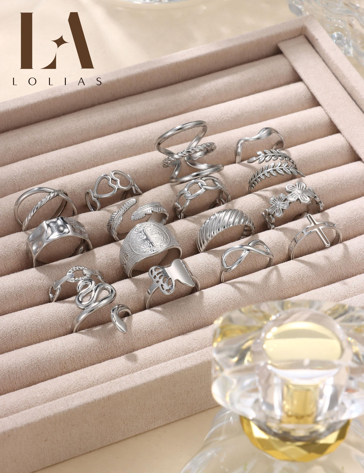 LOLIAS 16Pcs Stackable Stainless Steel Rings Jewelry for Women Non Tarnish