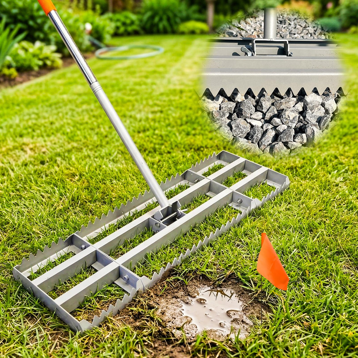 2-in-1 Lawn Leveling Rake, 20 Marking Flags for Low Spot,30"Γ10" Heavy Duty