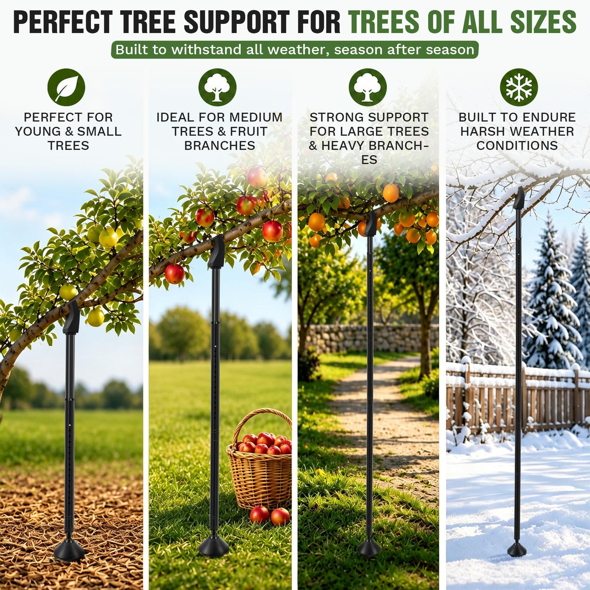 Carbon Steel Tree Support Pole with Crutch, Adjustable 20"-81" Tree Support for Leaning Trees, Prevents Fruit Trees Branch Breakage, Holds Up to 150 lbs, 360° Self Adjusting Base for Branch-Support