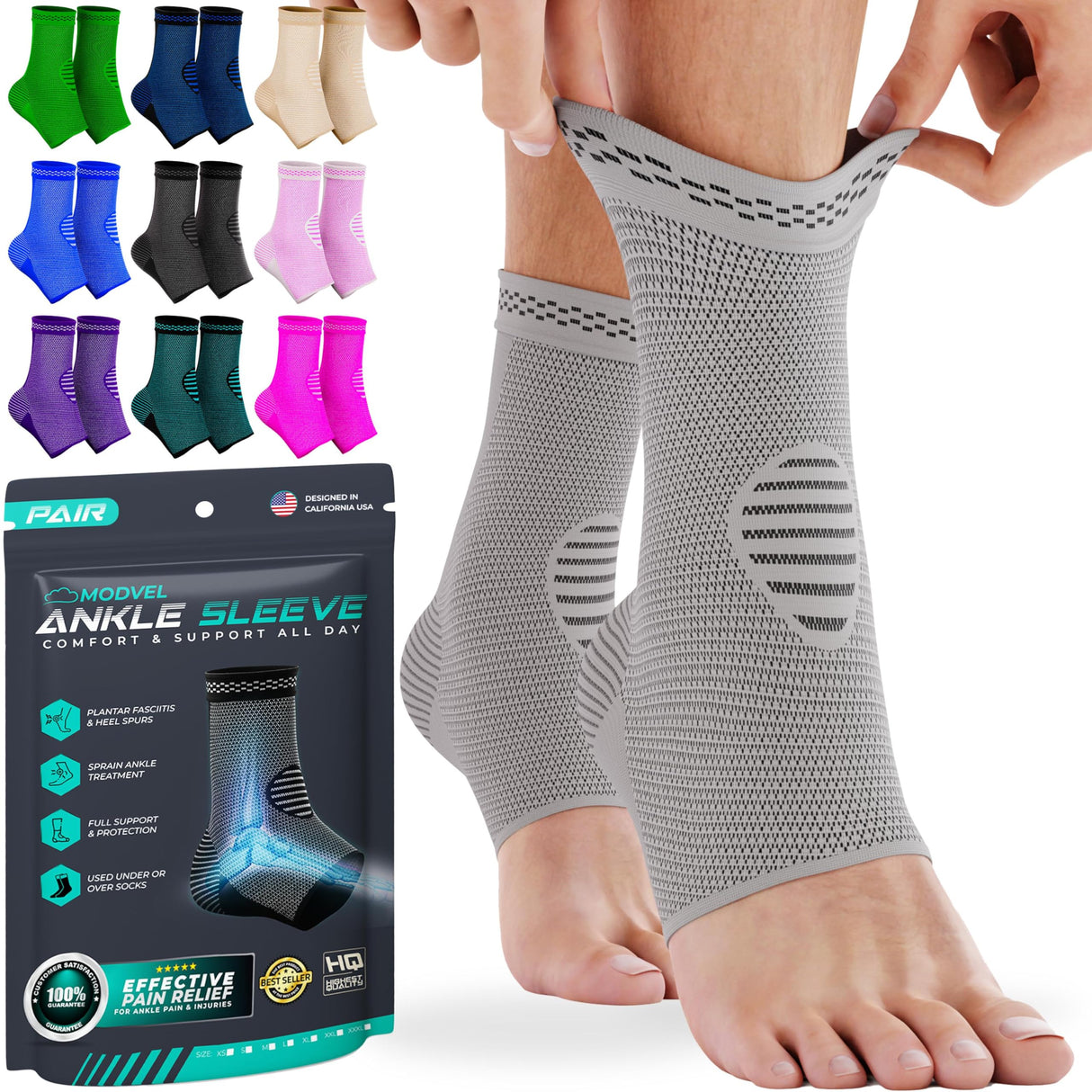 Modvel Foot & Ankle Brace Socks for Sprained Ankle Compression Sleeve - Plantar Fasciitis Relief Brace, Foot Support for pain Women & Men - Tendonitis & Arthritis Feet Sleeve, Stabilizing Ankles Wrap