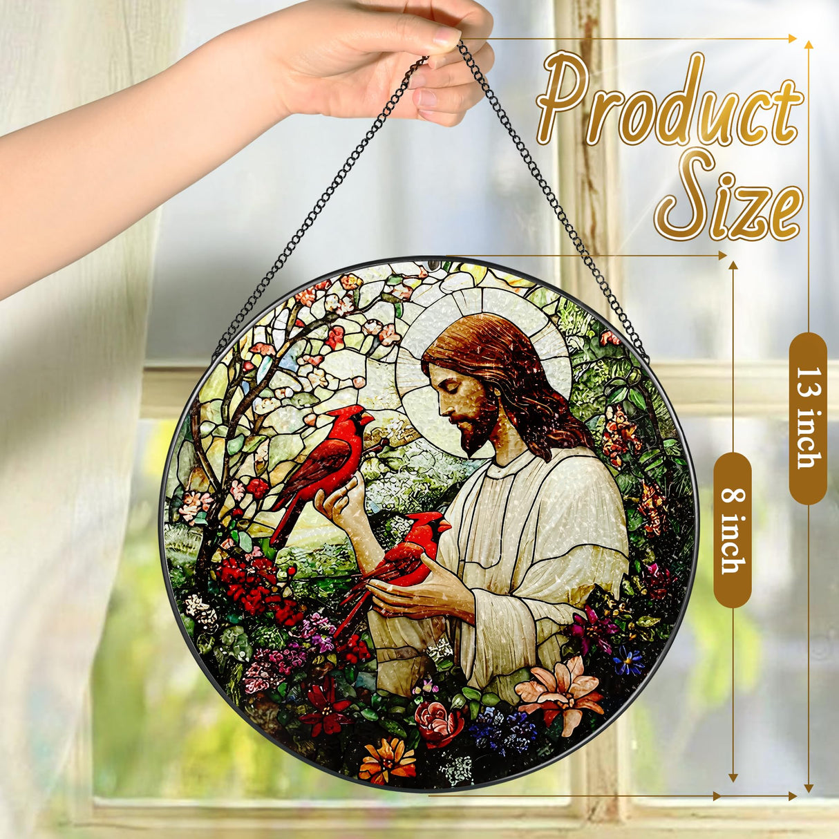 8-Inch Jesus with Cardinals Suncatcher Ornament, Stained Glass Window Hanging & Religious Christmas Ornament, Christian Window Decor ā Memorial Gift, Christian Gifts for Her, Religious Gifts
