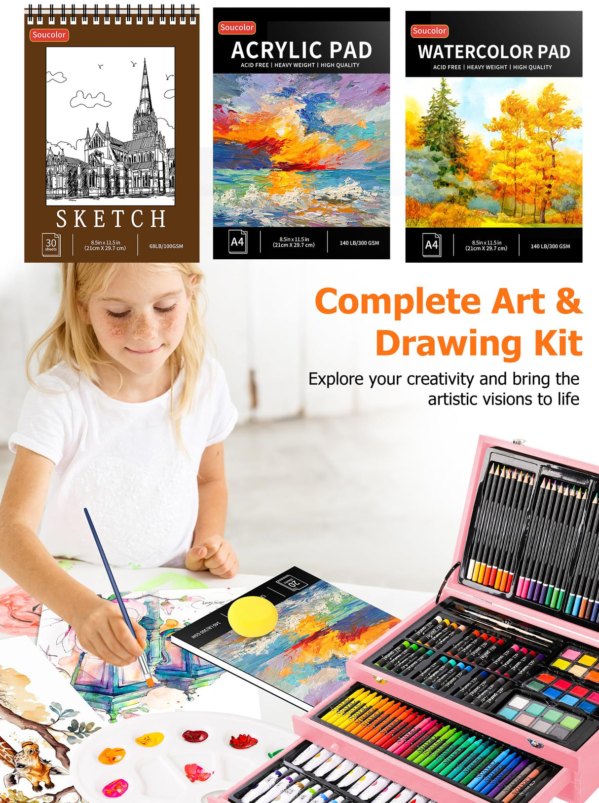 Christmas Gifts Birthday Gifts, Art Kits Art Sets, Aesthetic Cute Preppy Stuff Art Supplies, Soucolor 192-Pack Deluxe Drawing Stuff with Acrylic Pad, Watercolor Book and Sketch Book, Canvases, Brushes