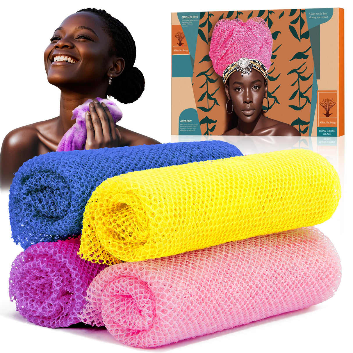 4 Pieces African Net Sponge – Premium African Net Sponge for Deep Exfoliation Quick-Dry and Reusable Mesh for Smooth Skin(Yellow Pink Purple Blue)