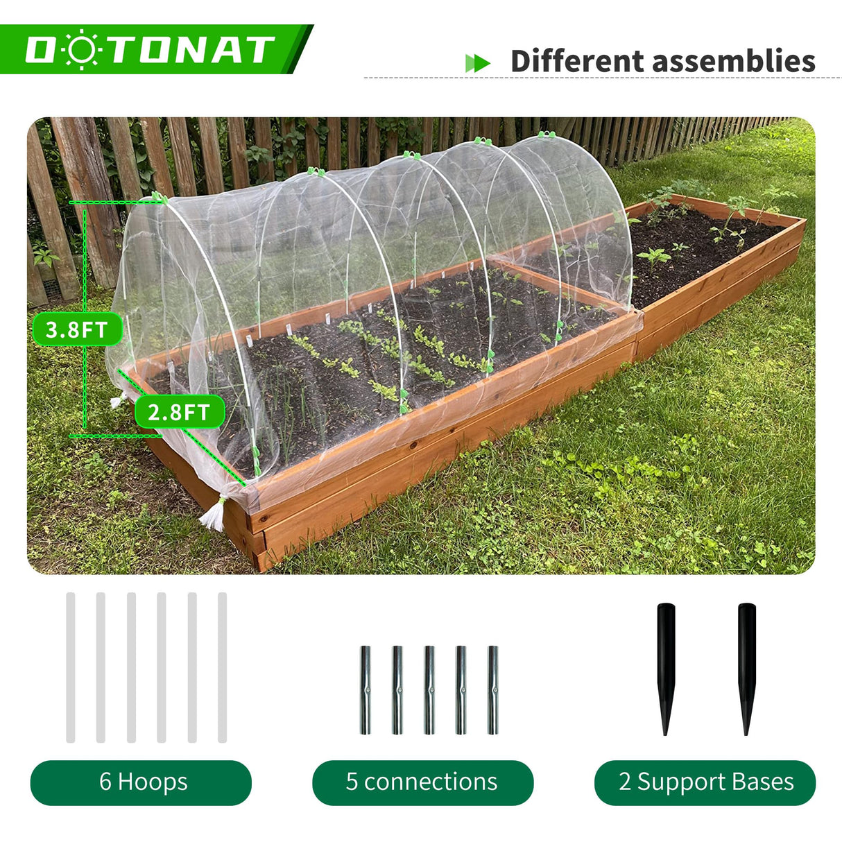 OOTONAT 8FT Garden Hoops Grow Tunnel Kit - Rust-Free Fiberglass Frame for Raised Beds, 36pcs - DIY Plant Support for Garden Netting, Row Covers, and Greenhouse Protection