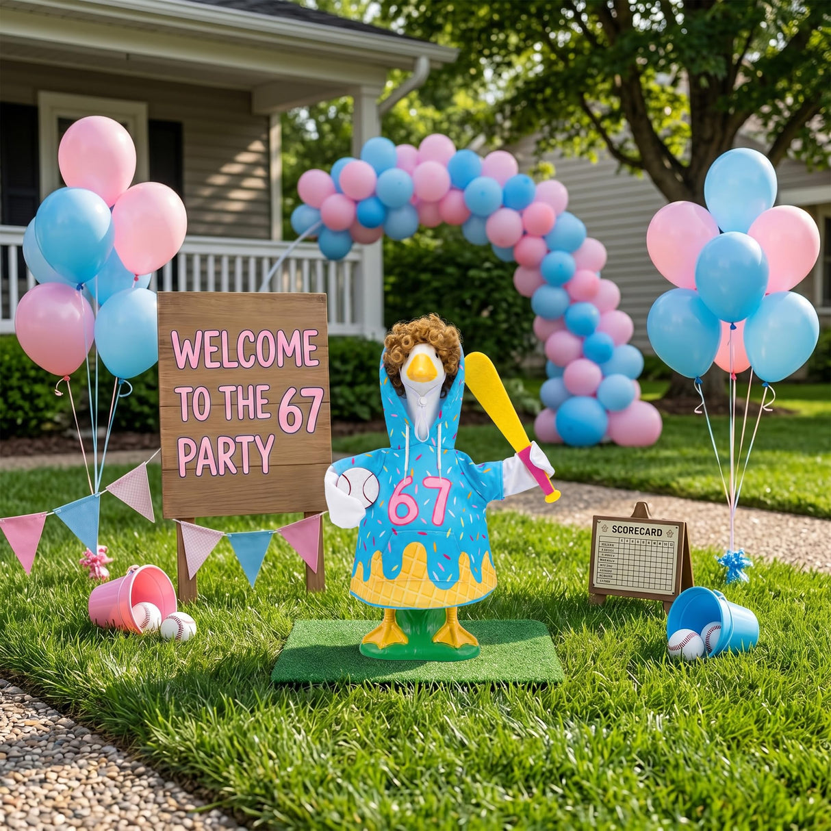 Sloakify Summer 67 Baseball Porch Goose Outfits, Ice Cream Hoodie Wigs for 23 inch Goose, Geese Statue Clothes Costume 4 Pcs Accessories, Birthday Party Garden Outdoor Yard Lawn Patio Decor