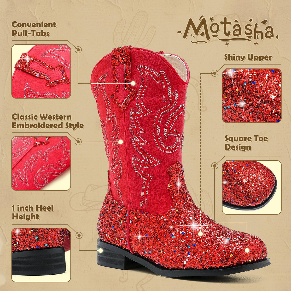 Motasha Girls Cowgirl Boots Glitter Toddler Girls Boots Red Cowboy Boot for Girl Size 10 Little Big Kids Boot Western Riding Shoes Party Birthday Christmas (M7101 Sequins Red 10)