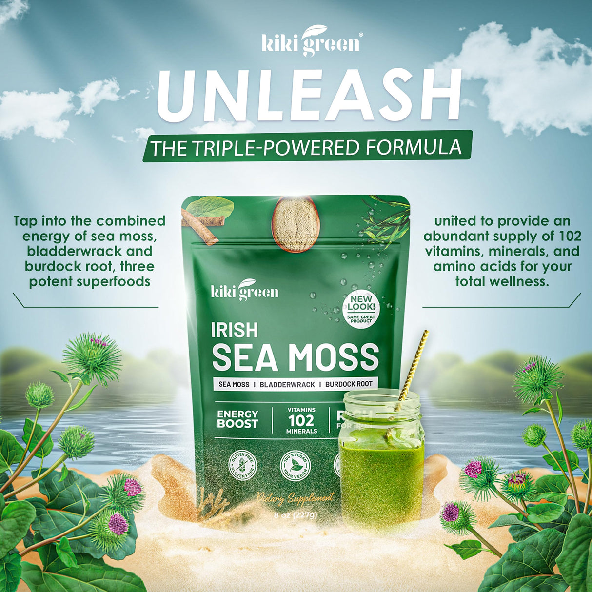 KIKI Green Irish Sea Moss Powder 8 Oz - with Bladderwrack Burdock Root Extract for Immune Support - Keto, Vegan Supplement