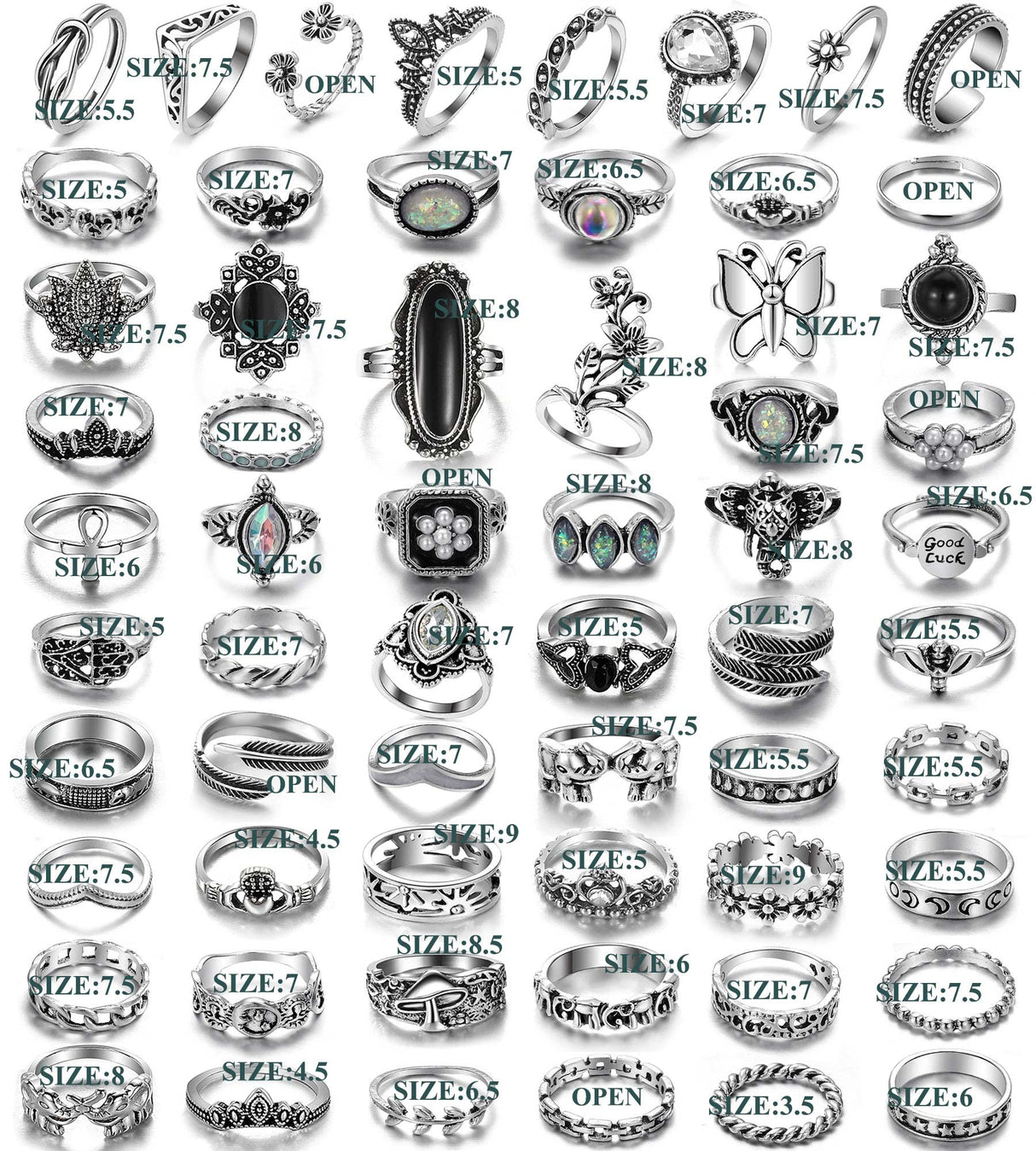 17IF 60 PCS Vintage Silver Goth Ring Set for Women, Punk Boho Chunky Knuckle Stackable Finger Ring Pack Aesthetic Grunge Adjustable Retro Stone Opal Crystal Cat Snake Flower Gothic Rings