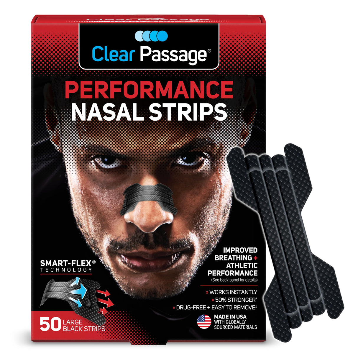 Clear Passage Performance Nasal Strips for Athletes, Sports Dilators, Improves Breathing & Athletic Performance, Instant Nasal Congestion Relief, Reduce Snoring, Black, Large/XL, 50 Count