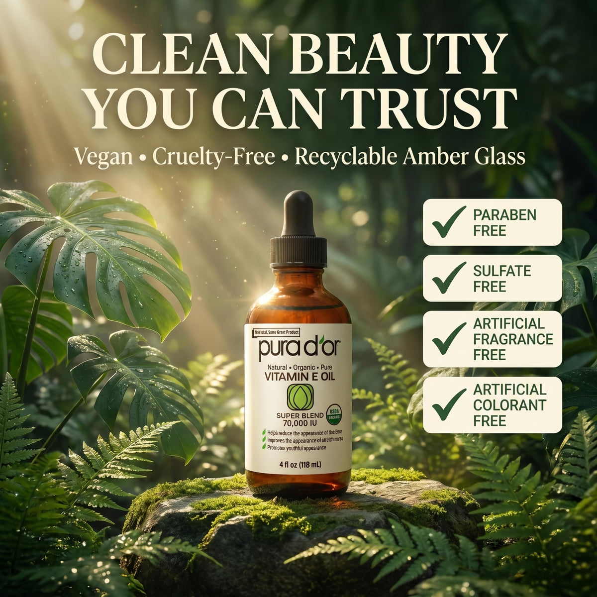 PURA D'OR ORGANIC Vitamin E Oil 70,000 IU for Face, Ayurvedic Skin Care 4oz