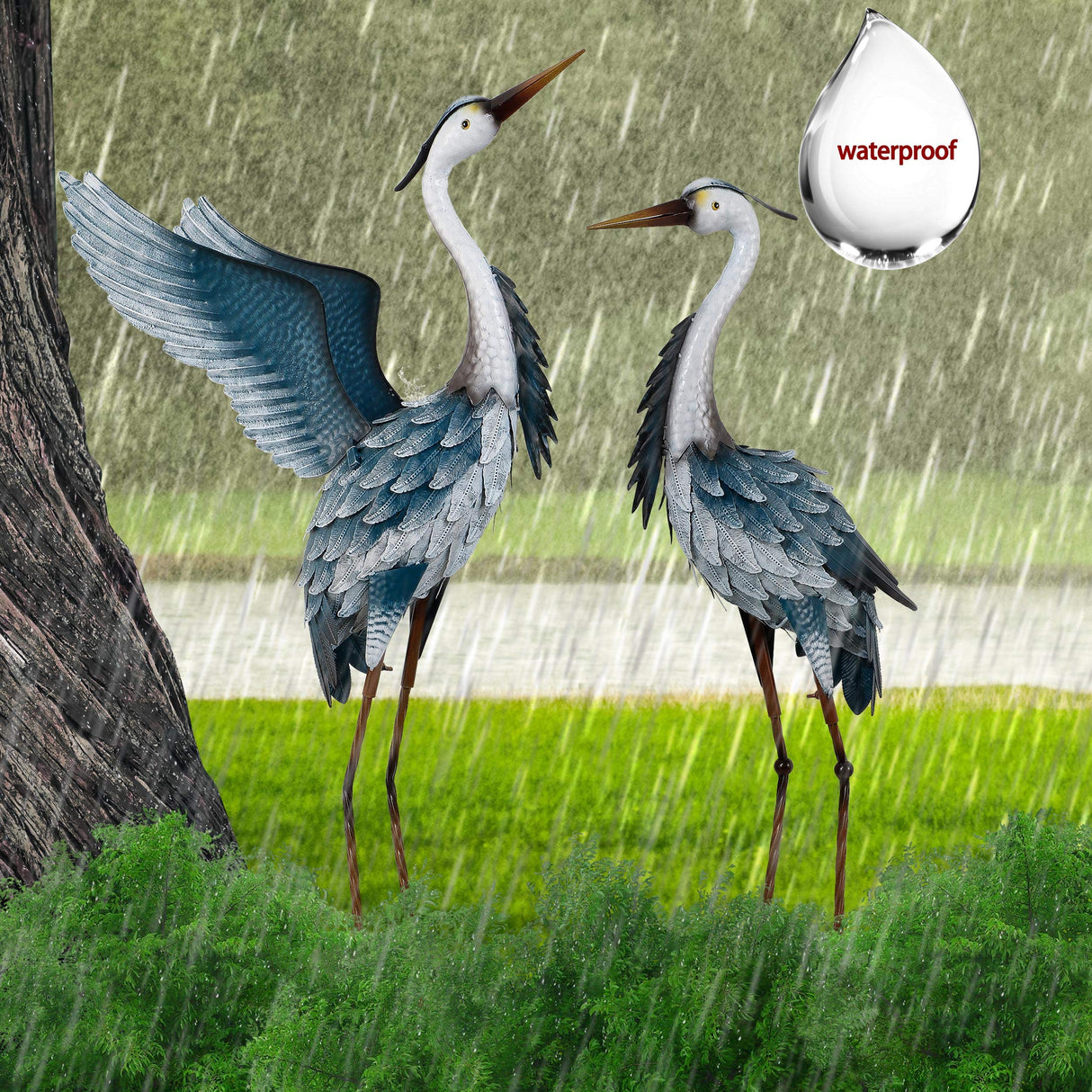 TERESA'S COLLECTIONS Garden Decor Blue Heron Metal Yard Art,38-42" Large Metal Cranes Sculptures & Statues Heron Decoy for Outdoor Indoor Decorations,Outside Patio,Pool, Lawn,Set of 2,Gift for Mom