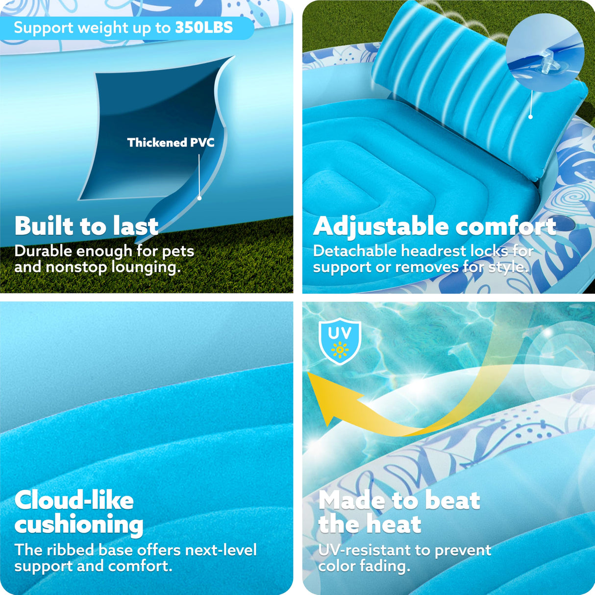 SLOOSH Inflatable Tanning Pool Lounger Float,72" x 65" Pool Floats Adult with Pillow,Luxury Fabric Large Suntan Tub Raft Floatie,Sunbathing Bed Lounge for Water Blow Up Kids Ball Pit Party Gifts,Blue