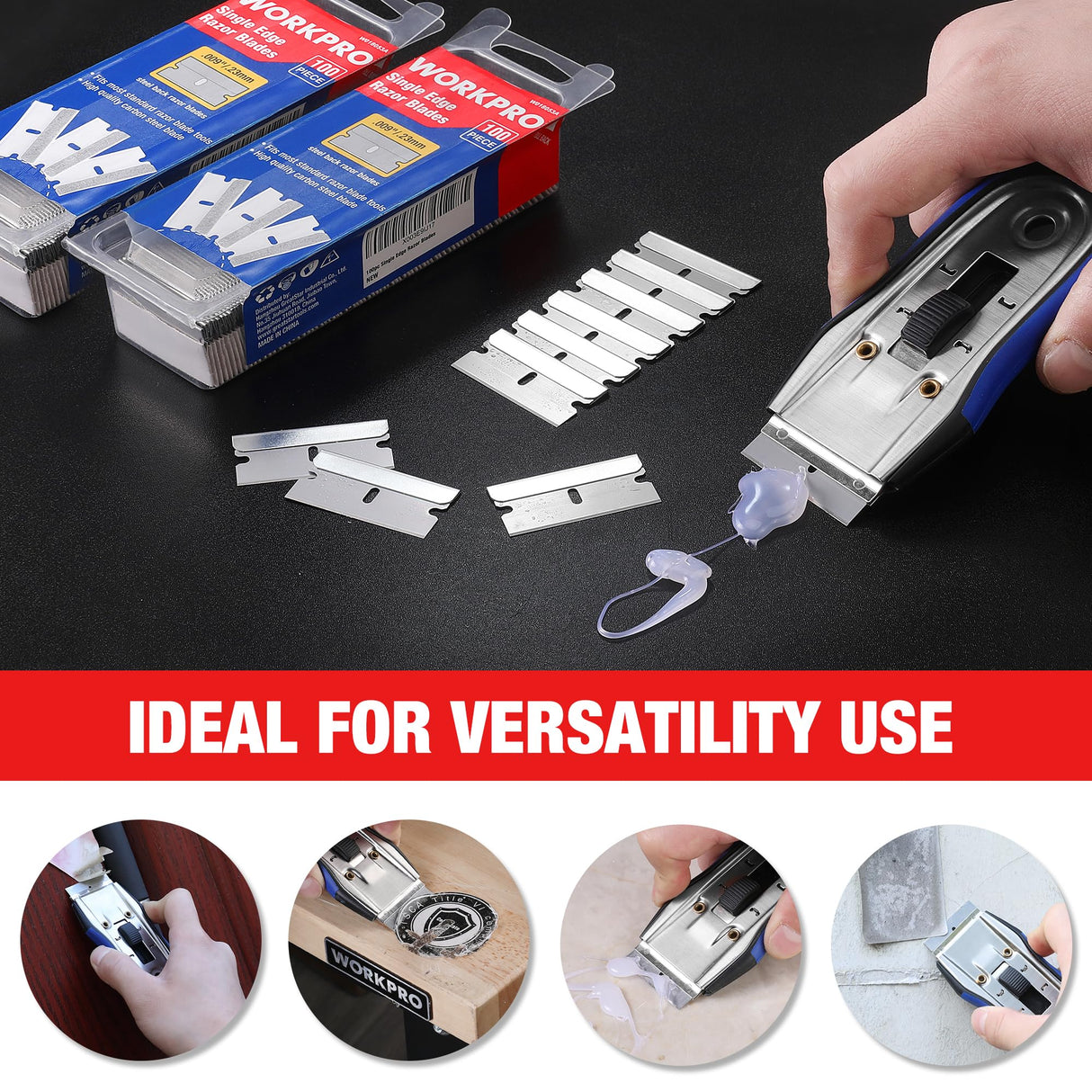 WORKPRO 200-Pack Single Razor Edge Blades, Industrial Scraper Razor Blades, High Carbon Steel One Edge Razor Blades