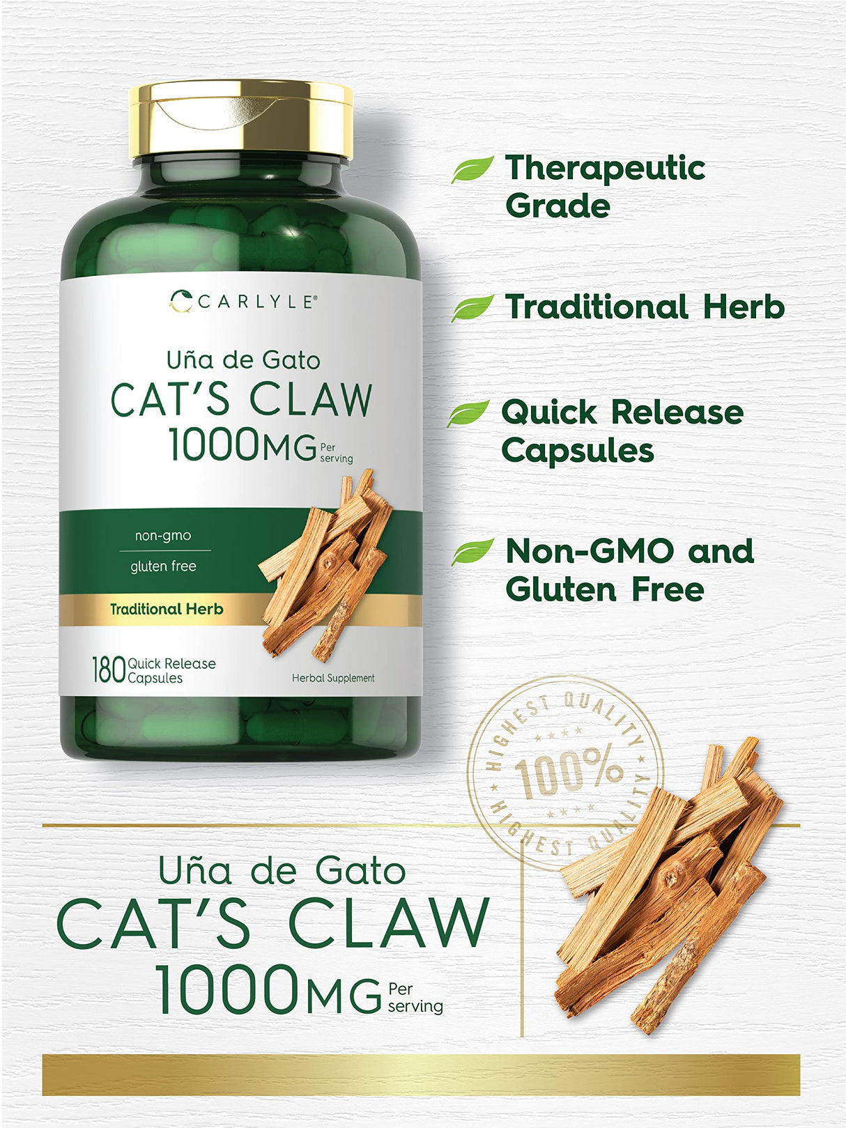 Carlyle Cat's Claw Herb Capsules 1000mg | 180 Count | Uncaria Tomentosa | Non-GMO, Gluten Free Supplement