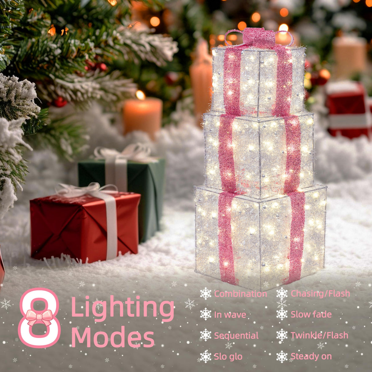 Christmas Decorations, 140 LEDs Set of 3 Lighted Gift Boxes with Silver Tinsel and Pink Bows, Warm White Present Boxes for Indoor Outdoor Holiday Party Yard Bedroom Home Xmas Decor